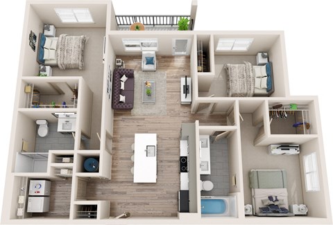 a 3d rendering of a floor plan with a bedroom and living room